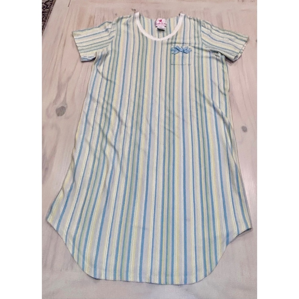 Quacker Factory Womens M Striped Cotton Nightgown Blue Yellow V-Neck Bow Cottage